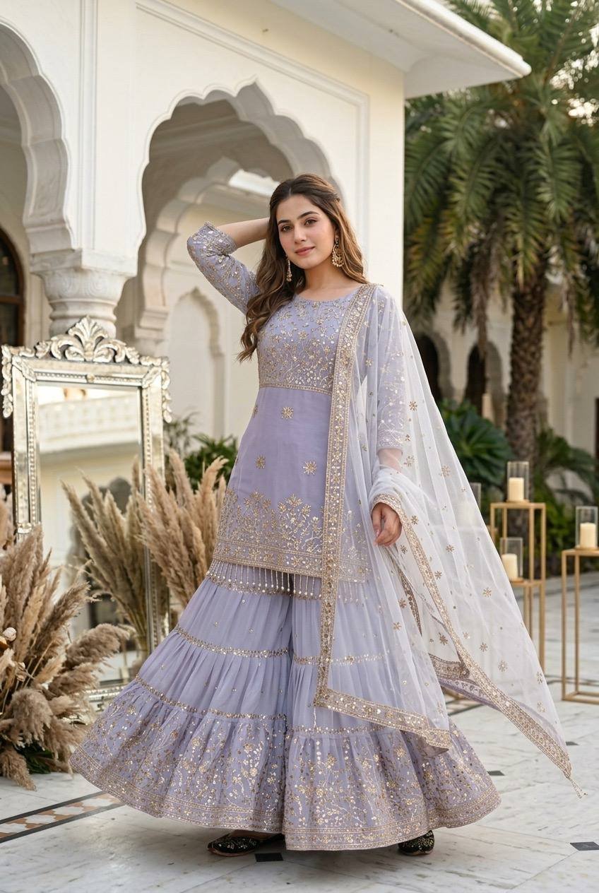 Designer Georgette Embroidered Sequin Work Sharara Set - Image 4