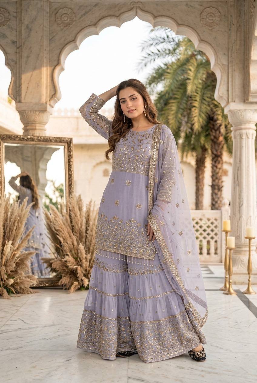 Designer Georgette Embroidered Sequin Work Sharara Set - Image 3