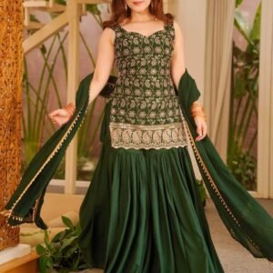Women’s French Crape Embroidered Kurta with Sarara & Dupatta Set