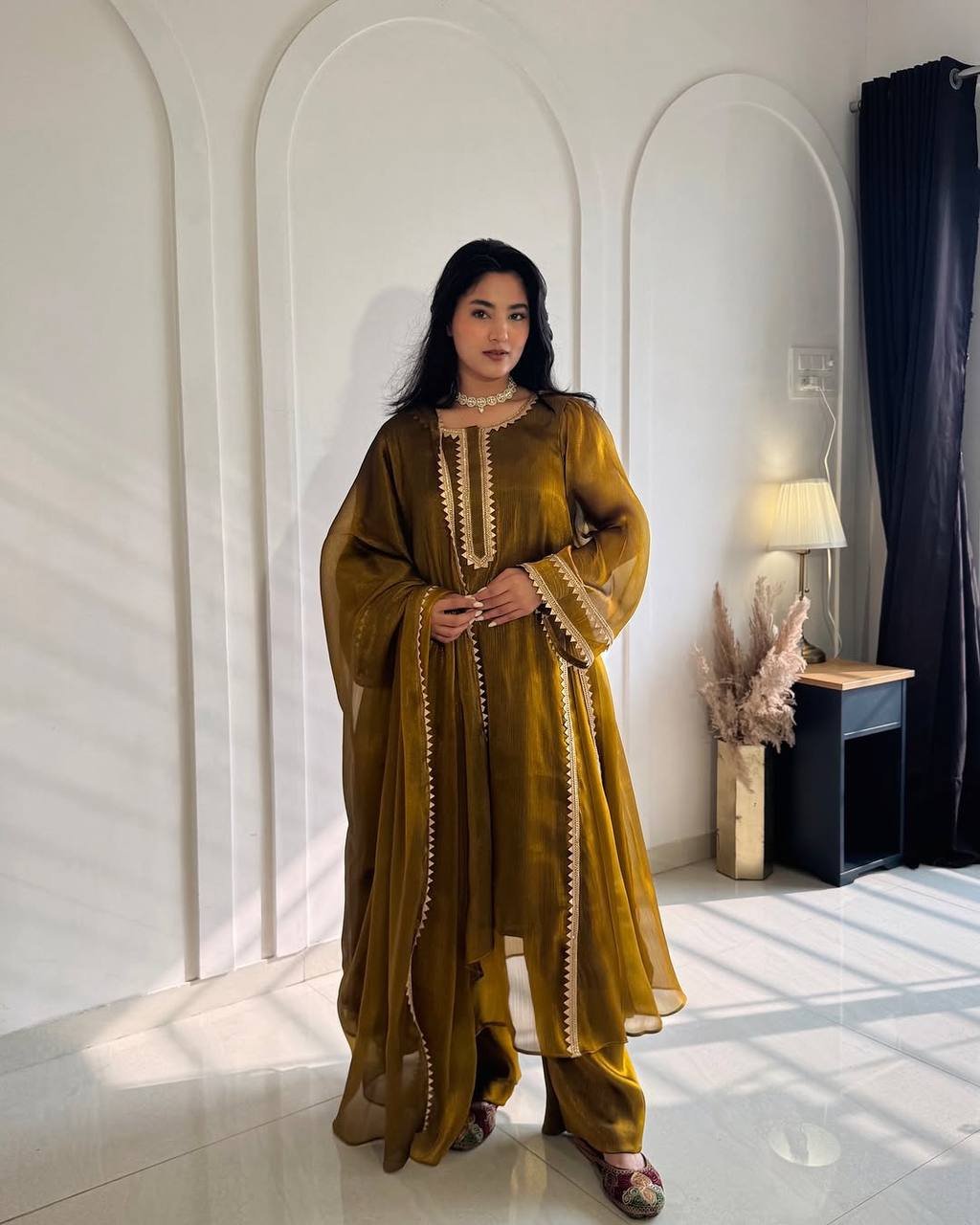Designer Party Wear Anarkali Gown with Palazzo Pant & Dupatta - Image 4