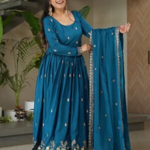 Blue Chinnon Anarkali Gown with Embroidered Lace Dupatta
