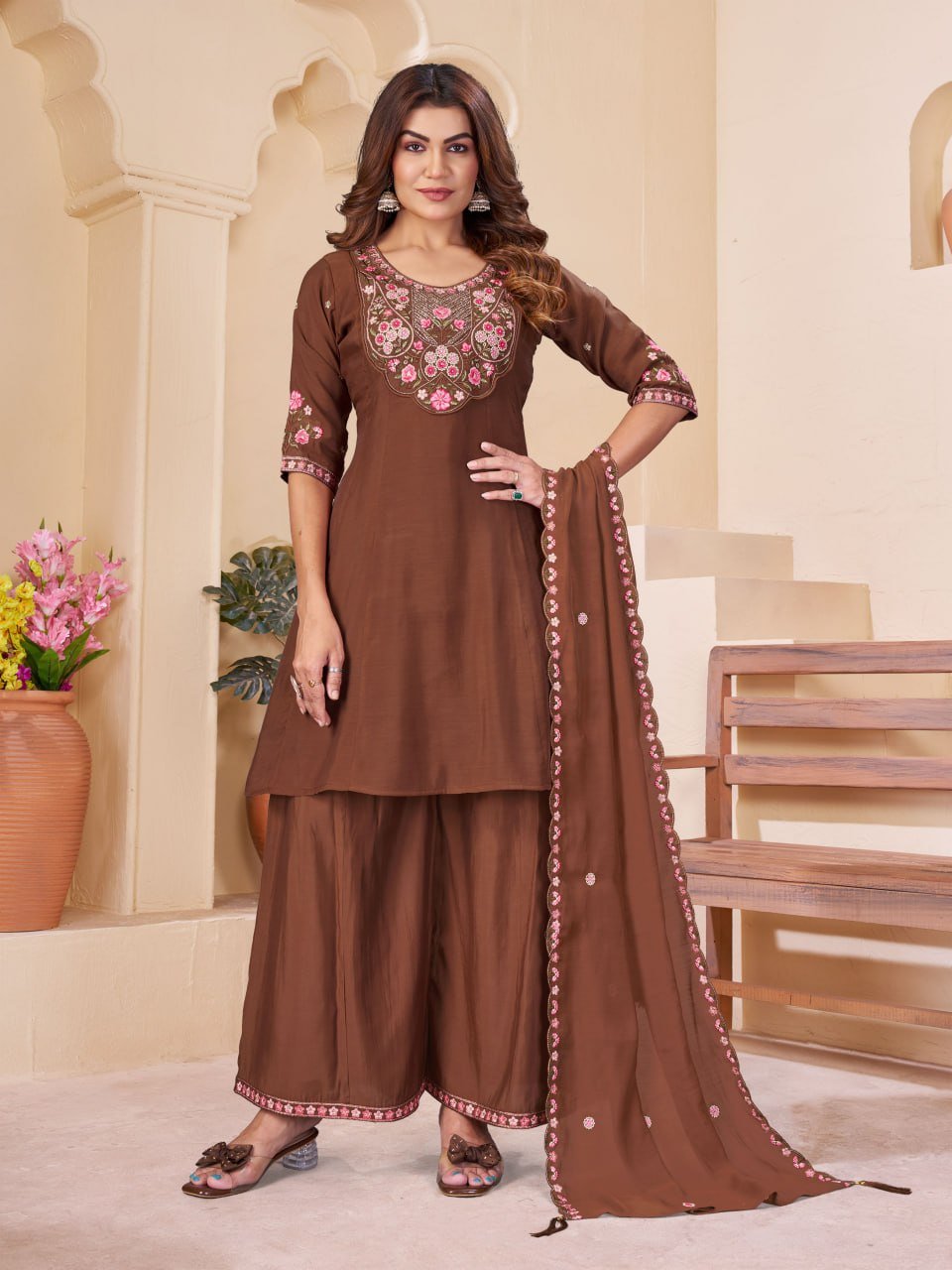 Premium Mal Chanderi Embroidered Anarkali Kurti Set with Palazzo & Heavy Work Dupatta - Image 8