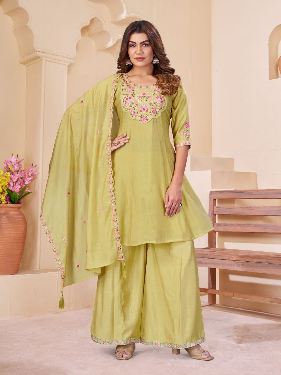 Premium Mal Chanderi Embroidered Anarkali Kurti Set with Palazzo & Heavy Work Dupatta - Image 6