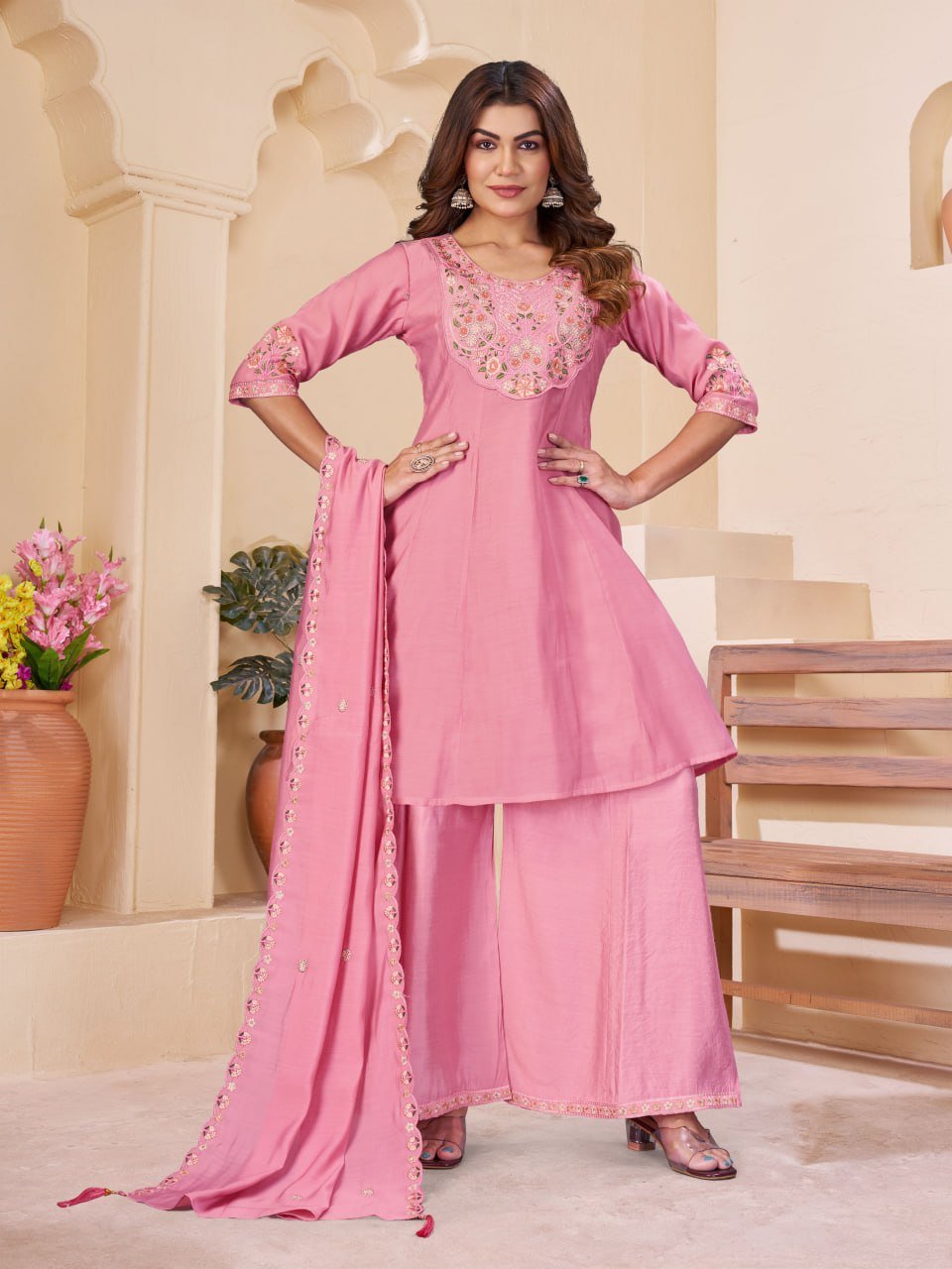 Premium Mal Chanderi Embroidered Anarkali Kurti Set with Palazzo & Heavy Work Dupatta - Image 4