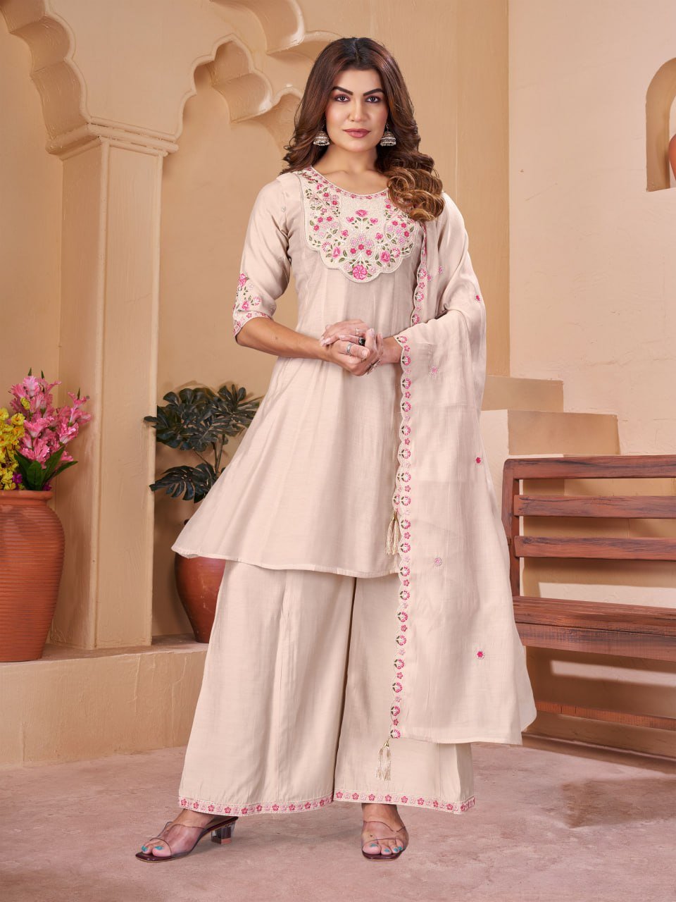 Premium Mal Chanderi Embroidered Anarkali Kurti Set with Palazzo & Heavy Work Dupatta - Image 3
