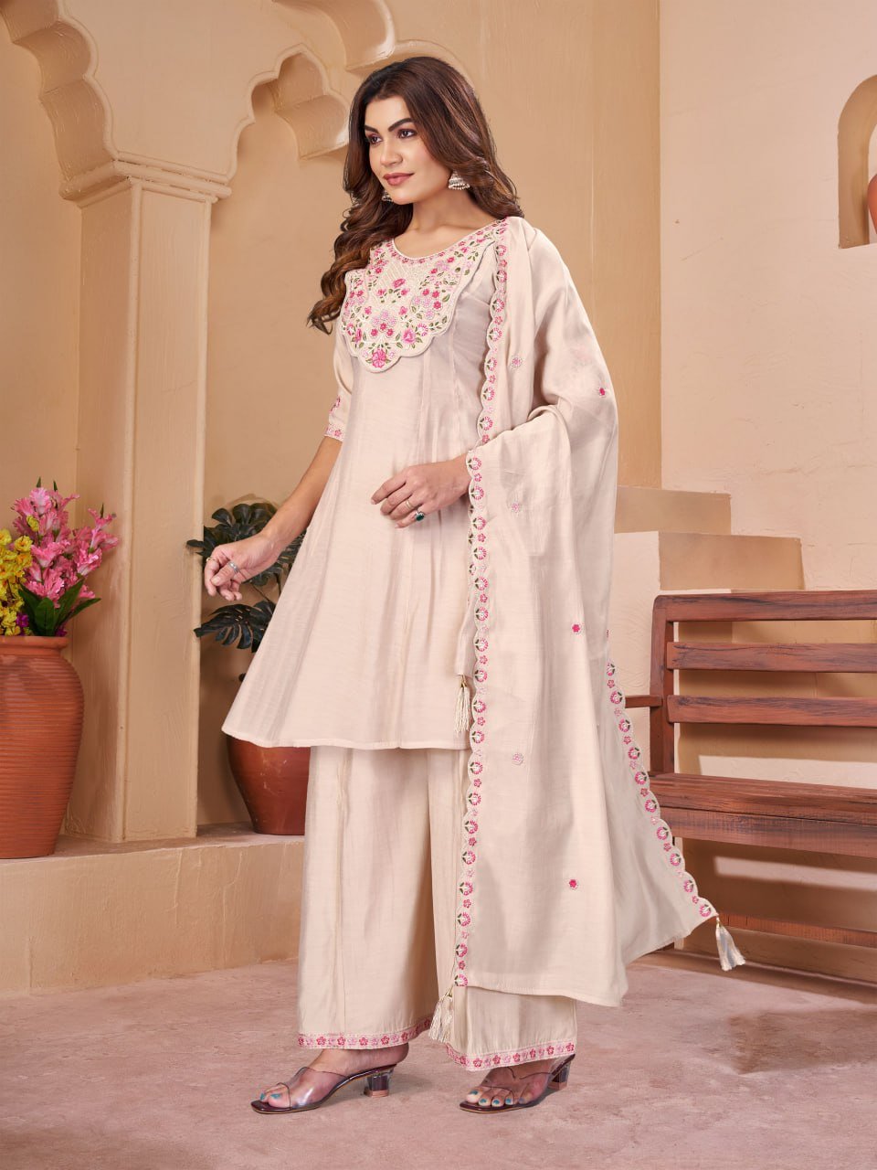 Premium Mal Chanderi Embroidered Anarkali Kurti Set with Palazzo & Heavy Work Dupatta - Image 2