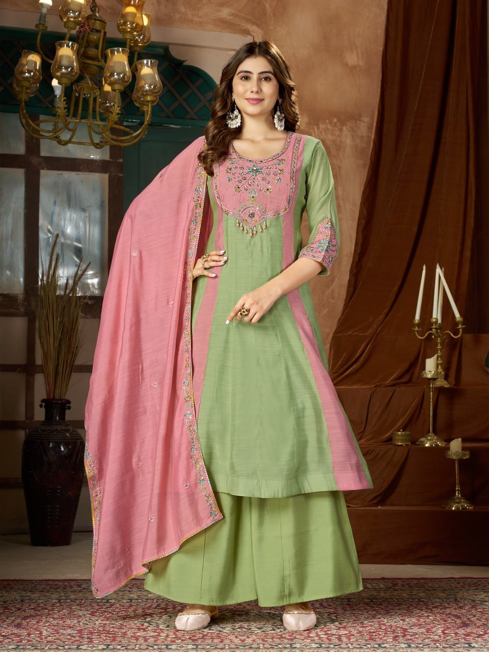 Premium Embroidered Mal Chanderi Anarkali Kurti Set with Palazzo & Heavy Embroidered Dupatta - Image 5