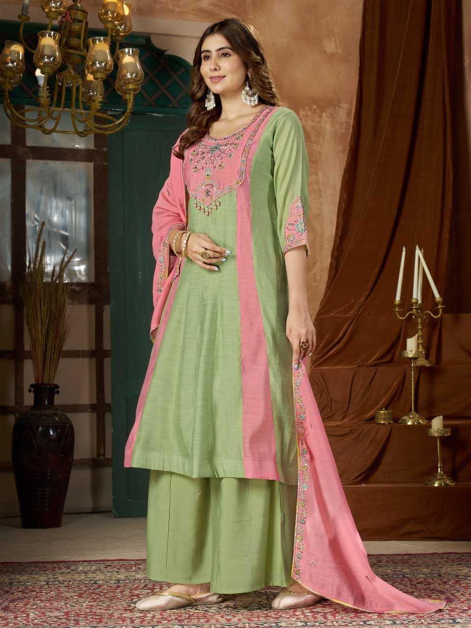 Premium Embroidered Mal Chanderi Anarkali Kurti Set with Palazzo & Heavy Embroidered Dupatta